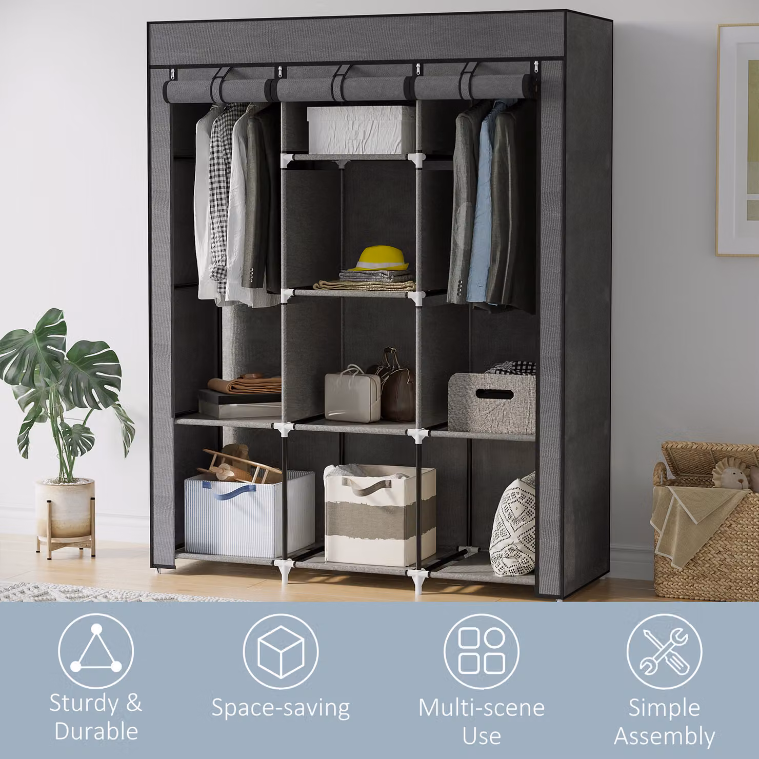 HOMCOM Portable Fabric Wardrobe with Hanging Rods and Shelves, Grey, W: 125 cm, D: 43 cm, H: 162.5 cm – 4