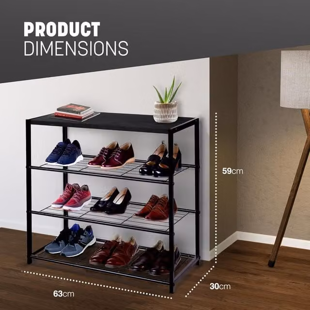 KEPLIN 4-Tier Freestanding Shoe Rack in Rustic Brown and Black, W/D/H: 63 x 59 x 30 cm