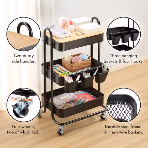 VonHaus 3 Tier Black Storage Trolley with Bamboo Shelves and Wheels, W/D/H: 79.5 x 46.0 x 36.0 cm – 4