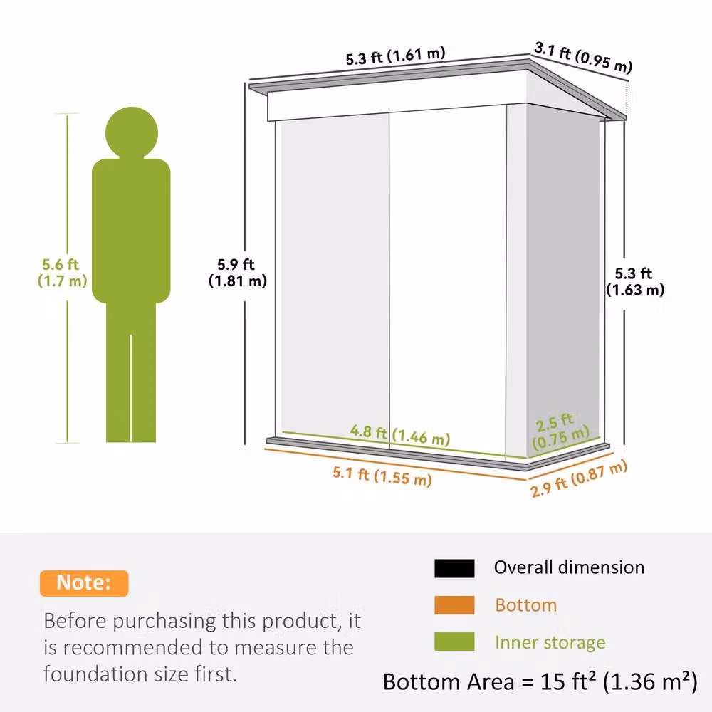 Rolipo Dark Grey Metal Lean-To Garden Shed with Shelving and Lock, W/D/H: 152.4 x 91.44 x 182.88 cm – 4