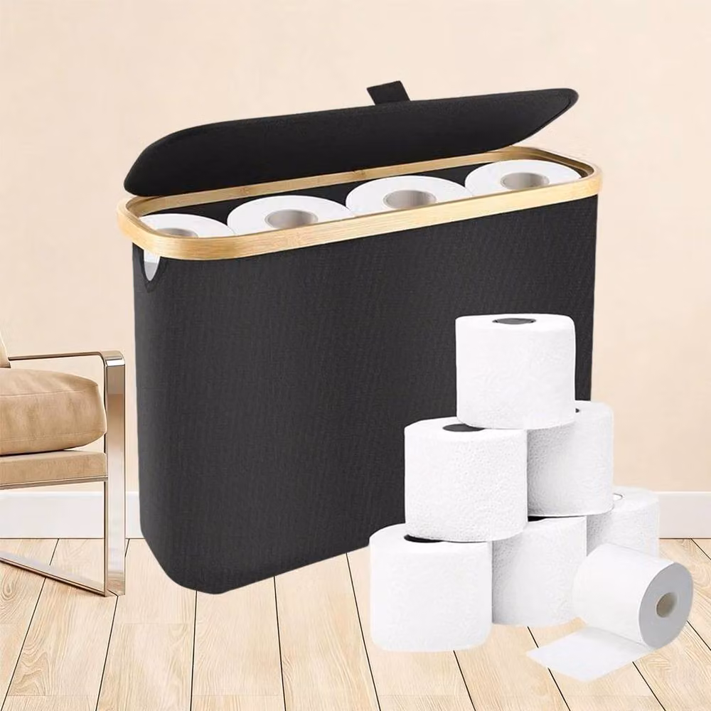 KORVIXA Black Bamboo Freestanding Toilet Roll Storage Basket, W: 70 cm, H: 65 cm, D: 15 cm – 3