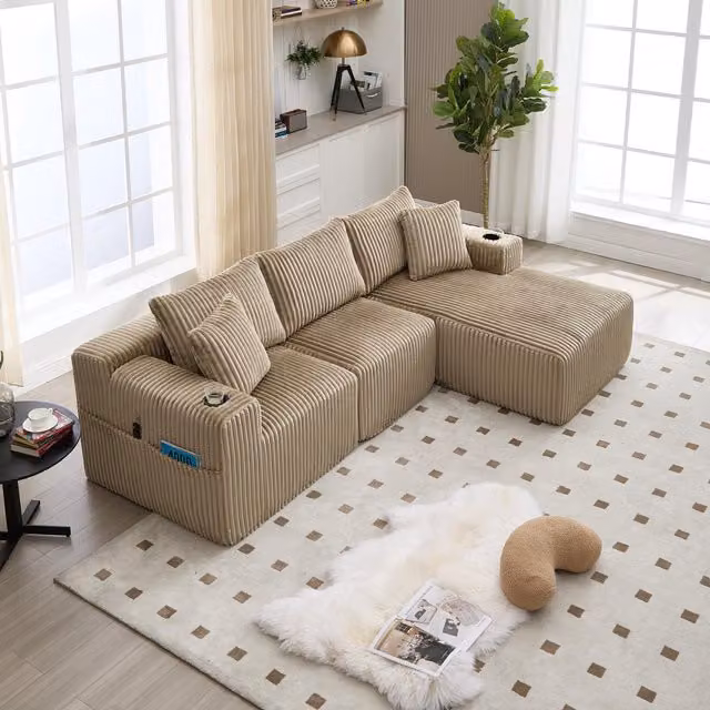 Aosom UK Modular L-Shaped Sectional Sofa in Khaki with Plush Corduroy Upholstery and Deep Seats, W/D/H: 257 x 160 x 80 cm