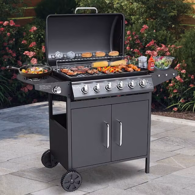 BillyOh Matrix 6 Burner Gas BBQ with Side Burner and Warming Rack in Black