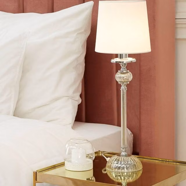 Wyld and Coco Silver Sculpted Table Lamp with White Fabric Empire Shade and Glass Accents – 1