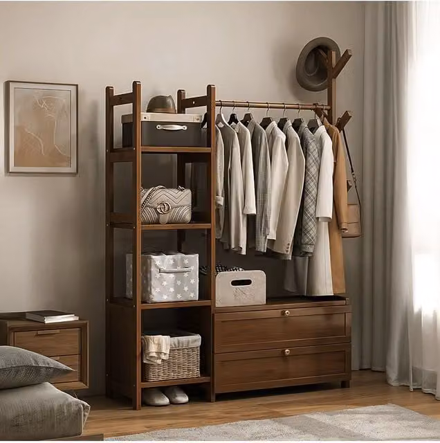 Living and Home Freestanding Bamboo Clothes Rack with Storage Shelves in Brown