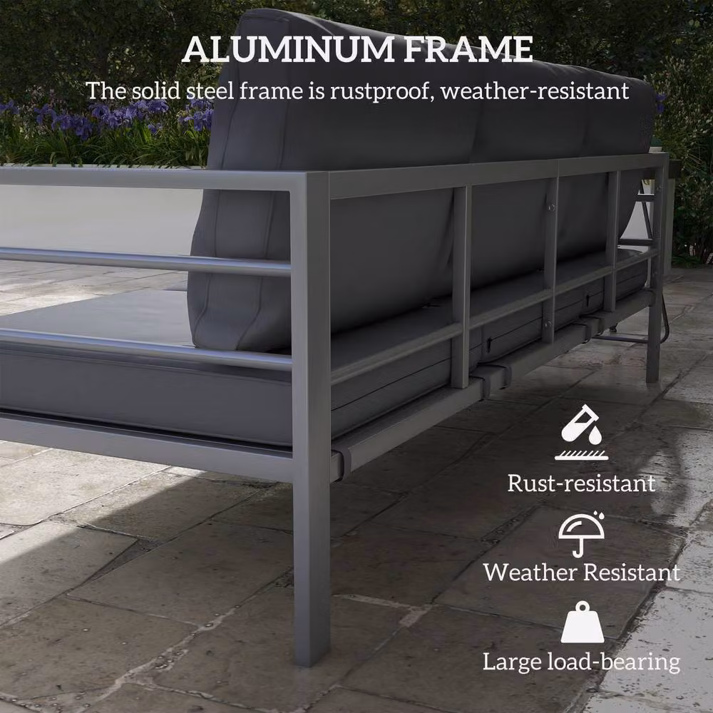 OUTSUNNY 3-Seater Aluminium Frame Garden Bench with Cushions, Backrest and Armrests in Grey – 3