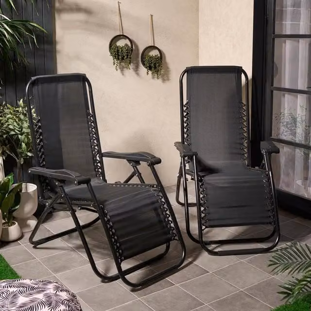 OHS Set of 2 Black Textilene Garden Gravity Folding Sun Loungers with Armrests