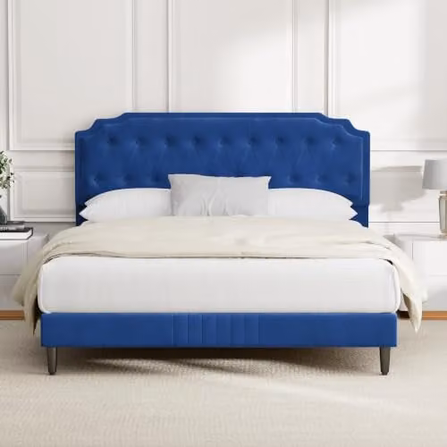 MCC Direct Chelsey Double Velvet Upholstered Bed Frame in Blue, W/D/H: 141 x 200 x 115 cm