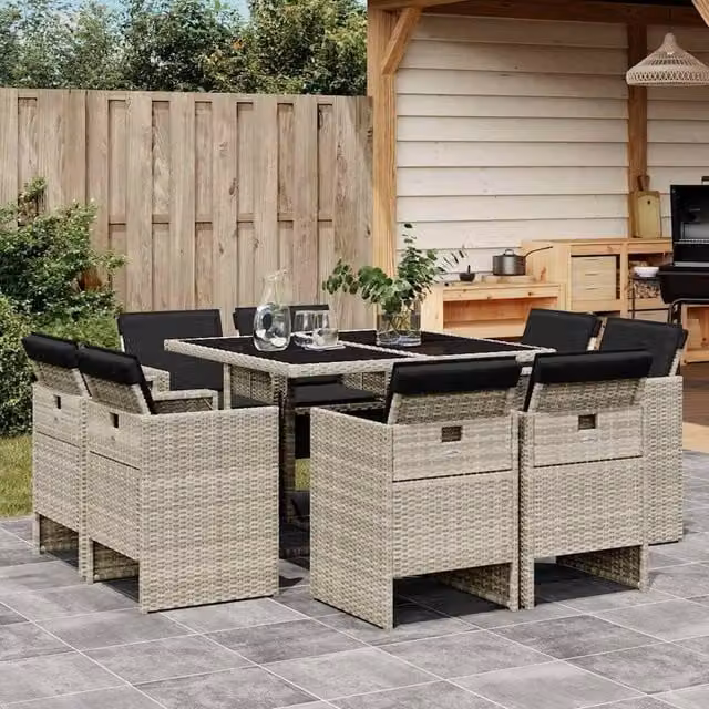 Berkfield Home 9 Piece Grey Poly Rattan Garden Dining Set with Cushions and Glass Tabletop – 1
