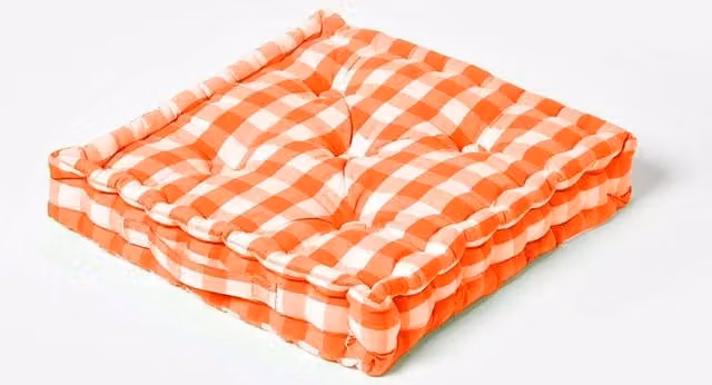 Homescapes Orange and White Gingham Block Check Cotton Floor Cushion, W/D/H: 40 x 40 x 8 cm