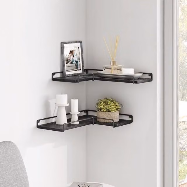 VASAGLE Set of 2 Black Industrial Style Floating Corner Wall Shelves – 1