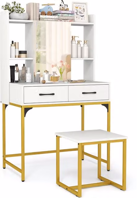 Costway Modern White Vanity Desk with Stool
