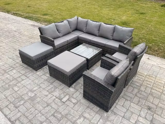 Fimous 10 Seater Outdoor Garden Furniture Set in Dark Grey, featuring a Wicker PE Rattan L-Shape Corner Sofa, Square Coffee Table and 2 Matching Ottomans with Upholstered Cushions