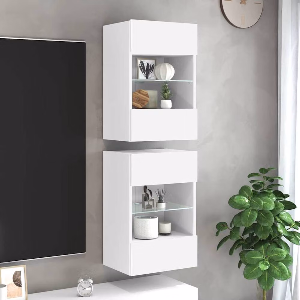 Berkfield Home Set of 2 Modern White Wall Mounted TV Cabinets with Integrated LED Lighting, W/D/H: 40 x 30 x 60.5 cm – 2