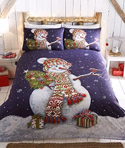 HomeSpace Direct Happy Snowman Christmas Super King Duvet Cover and Pillowcase Set, Blue and White, W/D/H: 220 x 200 cm