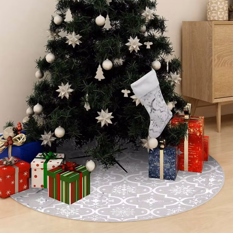 Berkfield Home Luxury Christmas Tree Skirt with Sock in Light Grey and White, Diameter: 122 cm