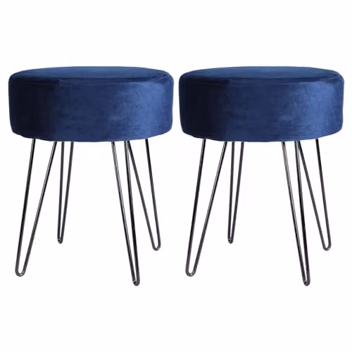 Harbour Housewares Pack of 2 Blue Velvet Cylindrical Footstools with Black Metal Legs – 1