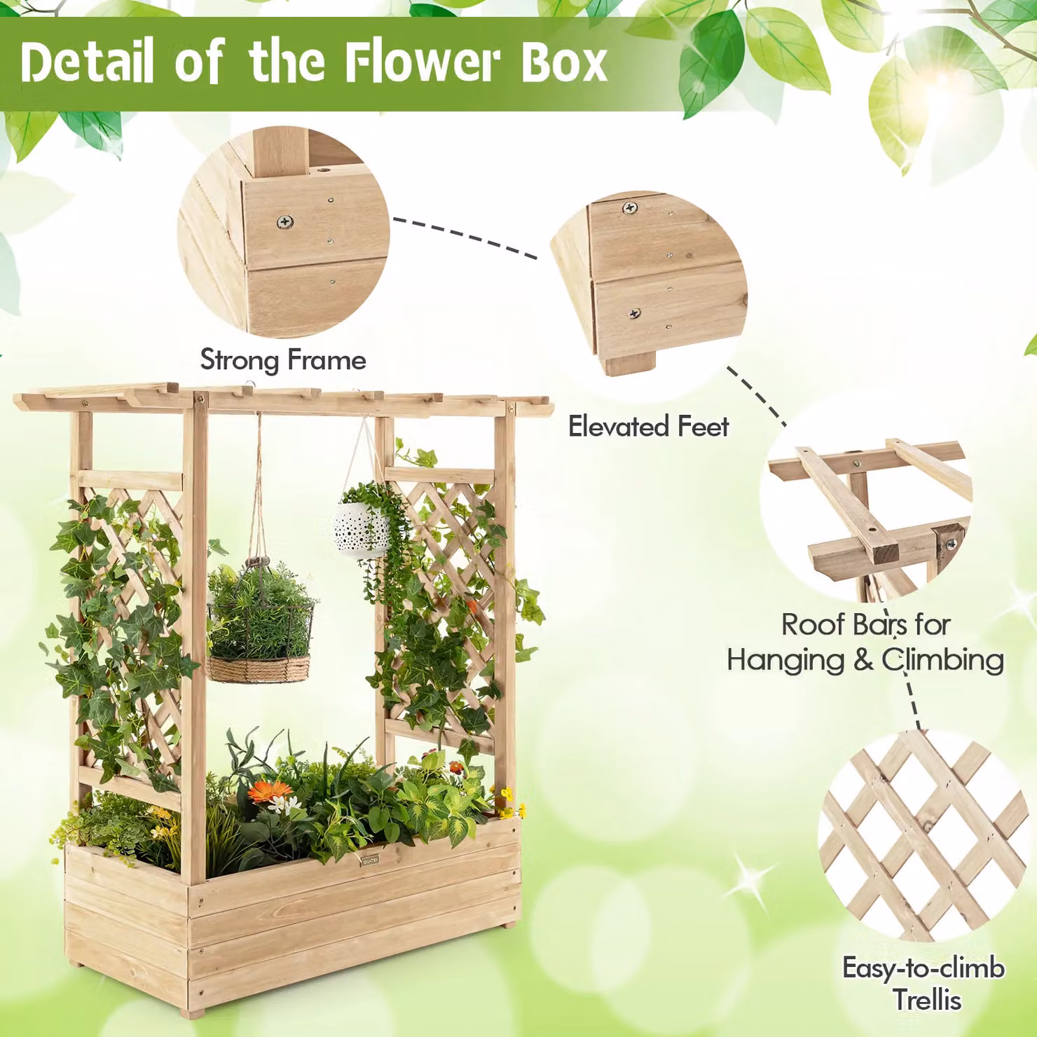 Costway Natural Wooden Raised Garden Bed and Vertical Plant Container for Climbing Plants, W: 44 cm, D: 44 cm, H: 113 cm – 3