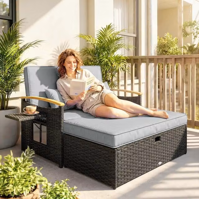 Outsunny Double Garden Rattan Daybed with Adjustable Backrest in Dark Grey