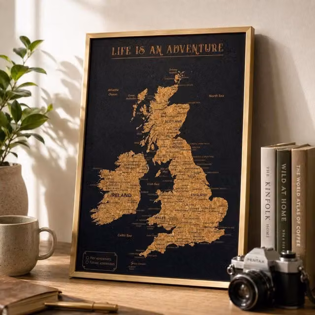 Splosh Travel Map UK Framed Wall Poster in Gold, W: 30.5 cm, H: 45.0 cm
