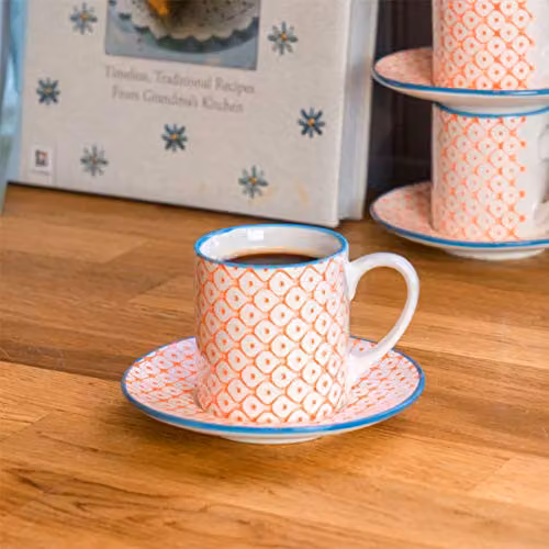 Nicola Spring 12 Piece Orange Hand Printed Espresso Cup and Saucer Set, 65ml Porcelain – 3