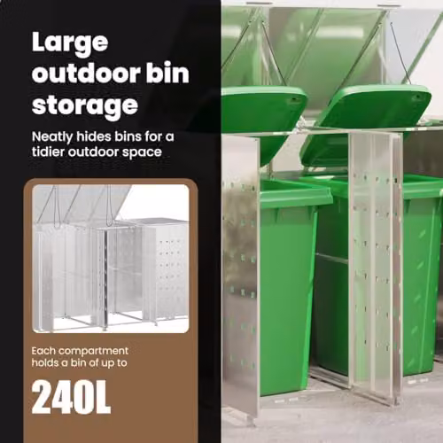 vidaXL Wheelie Bin Storage for 3 Bins, Silver, W: 204 cm, D: 77.5 cm, H: 115.5 cm – 3