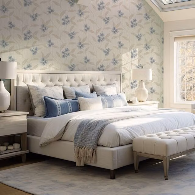 Belgravia Dcor Giovanna Floral Botanical Vinyl Wallpaper in Blue, Cream, Beige and Grey
