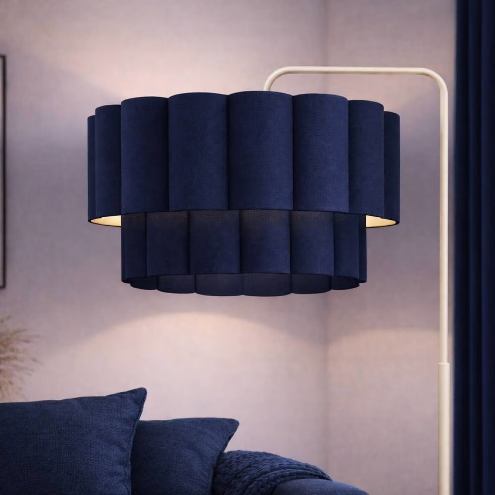 CGC Lighting Kyra Cream Angled Floor Lamp with Two Layer Scalloped Navy Blue Fabric Lampshade – 3