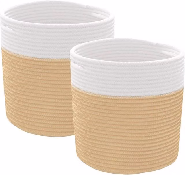 Berkfield Home Storage Baskets, 2 Pack, Beige and White Cotton Fabric, W/D/H: 28 x 28 x 28 cm