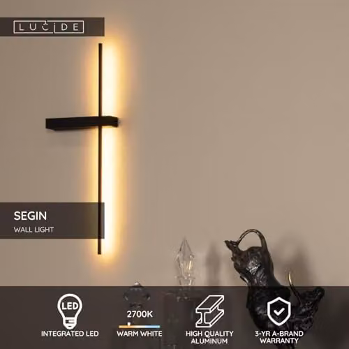 Lucide SEGIN LED Wall Light, Black Aluminium Minimalist Accent Light with Warm White Glow – 2