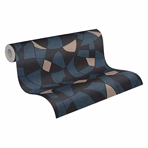 A.S. Creation Graphic Mosaic Abstract Metallic Wallpaper in Black, Blue and Beige, Non-Woven, Matt Finish, W/H: 0.53 m x 10.33 m
