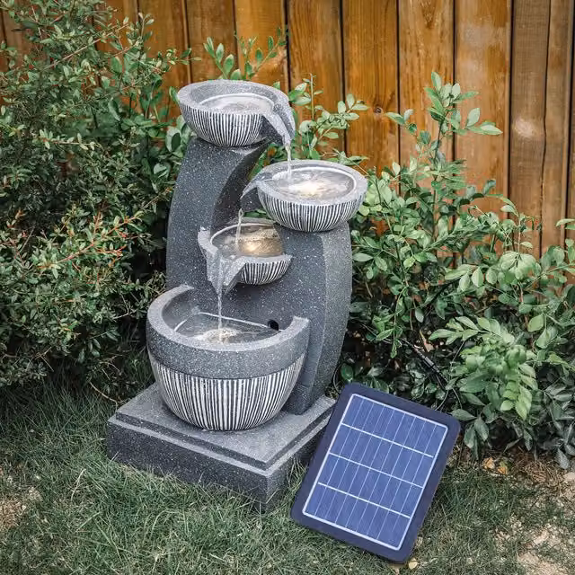 Livingandhome Modern Solar Round Stone Cascade Indoor Water Fountain in Grey