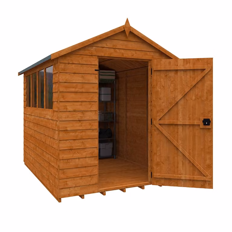 Buttercup Farm Budget Apex 9mm Wooden Garden Shed in Orange with Single Door and Window, W: 243.8 cm, D: 182.9 cm, H: 175.0 cm