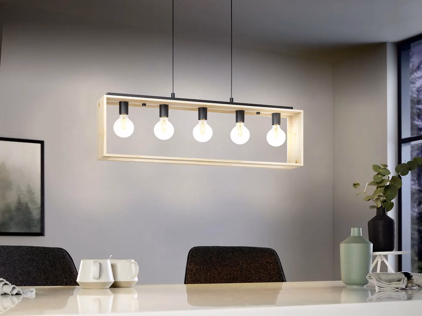 Loops Industrial Suspended Ceiling Pendant Light in Black and Natural Wood with 5 x E27 Sockets – 2