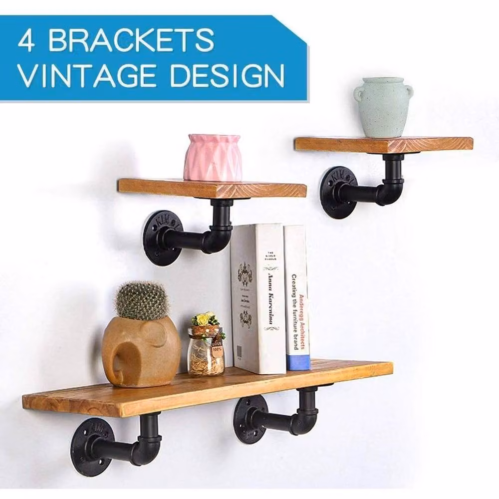 SPETLEK 4-Piece Industrial Iron Pipe Shelf Brackets in Black, W: 52 cm – 5