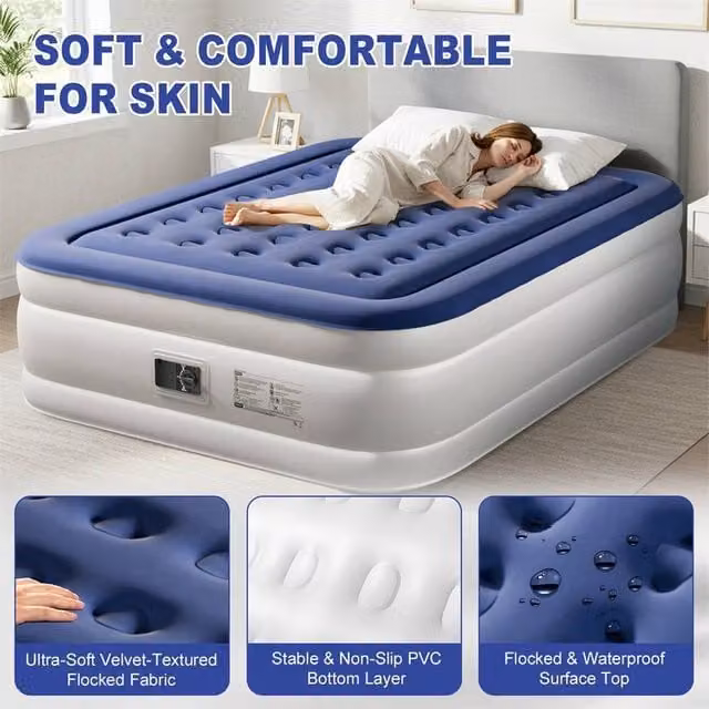 EONLION Blue Double Inflatable Air Bed Mattress W: 203 cm, D: 152 cm, H: 45 cm
