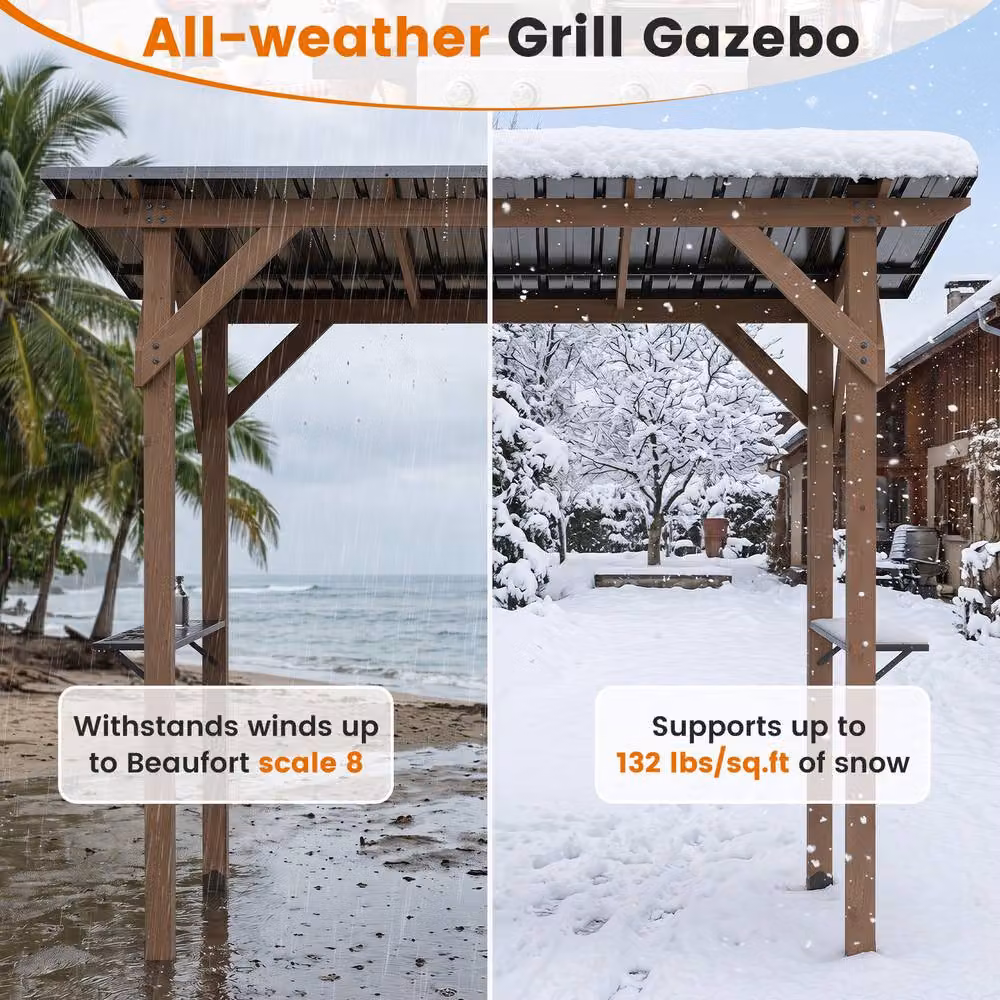 Costway Brown Cedar Wood BBQ Grill Gazebo with 2 Side Serving Shelves, W/D/H: 262.86 x 223.52 x 151.13 cm – 7
