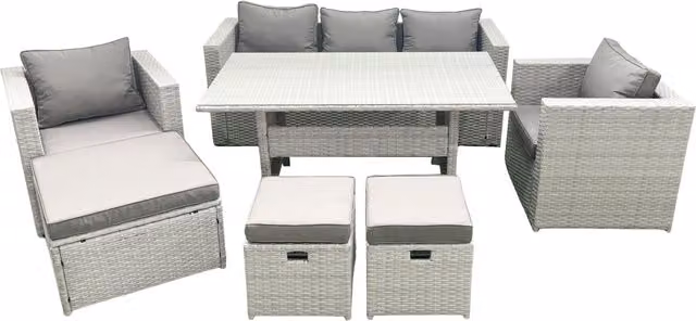 Fimous Garden Dining Set Light Grey Rattan Furniture with Sofa, Dining Table, 2 Chairs and 3 Footstools