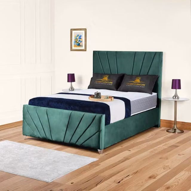 UK Bed Furniture Sunrise Upholstered Velvet Slatted Base Bed in Green, Size: King (180 x 200 cm)