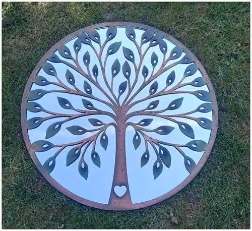 Inspirational Gifting Tree of Life Round Metal Wall Mirror with Green Leaves in Brown, Diameter: 64 cm – 2