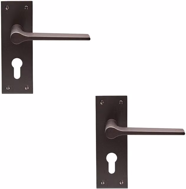 Loops 2x Pair Flat Straight Handle on Slim Euro Lock Backplate, Matt Bronze, W: 150 mm, H: 50 mm