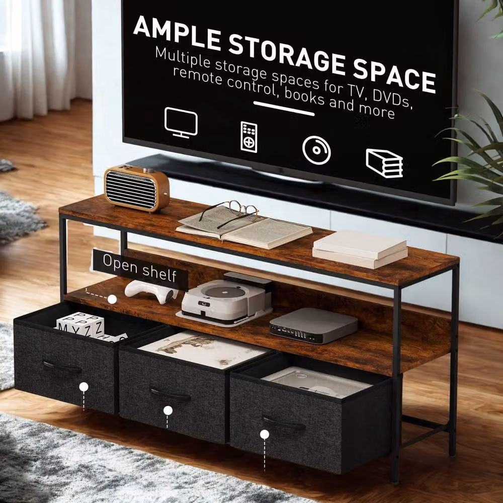 FURNOS Industrial TV Stand Unit with 3 Storage Drawers in Brown, W: 120 cm, H: 56 cm, D: 29 cm – 5
