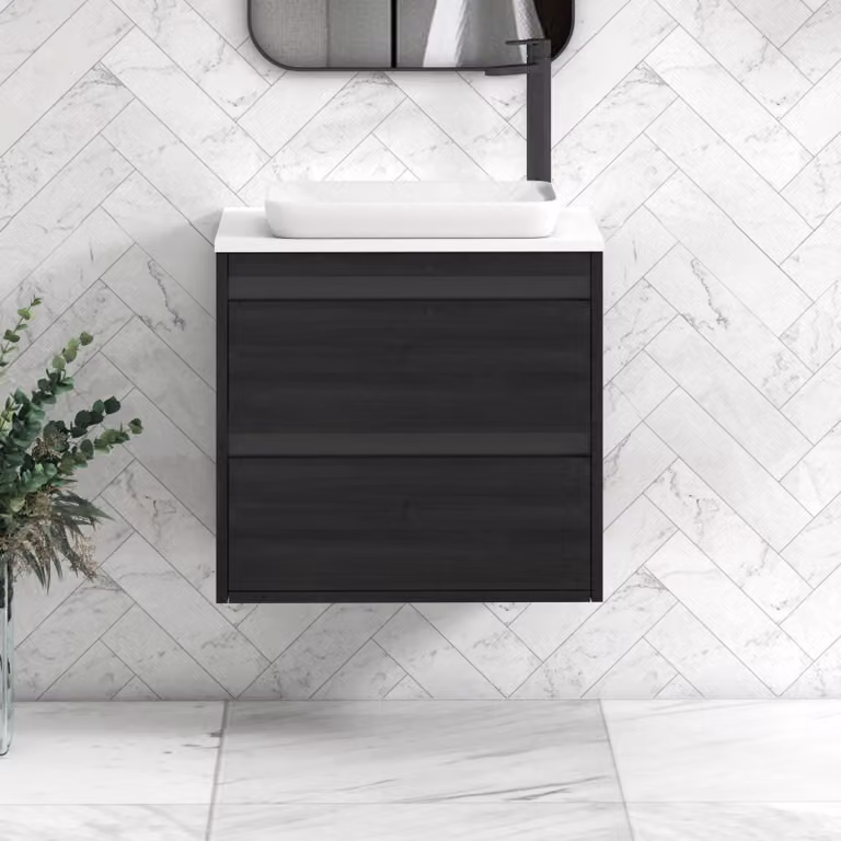 Royal Bathrooms Orion 600mm Hale Wall Hung Vanity Unit with Qubix Basin and 2 Drawers in Plain White and Black Accent Trim