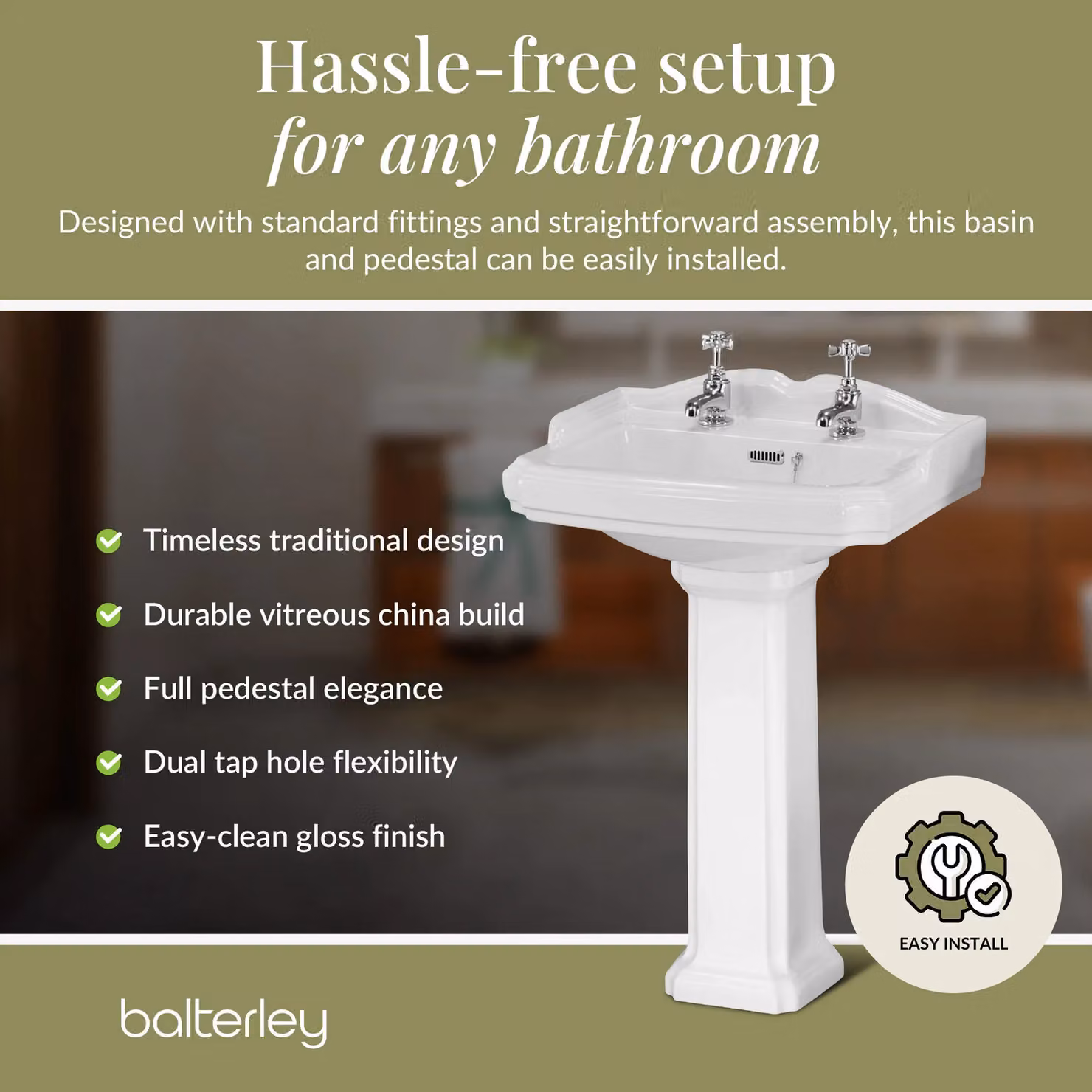 Balterley Traditional Rectangular 2 Tap Hole Ceramic Bathroom Basin with Full Pedestal, White, Width: 59 cm – 3