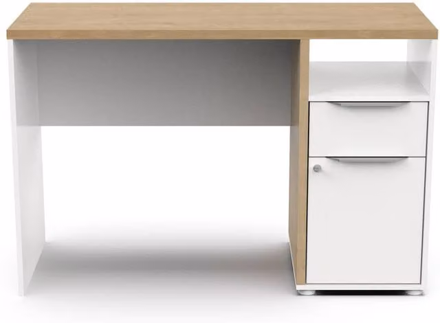 CALICOSY Modern Writing Desk with 1 Door, 1 Drawer and 1 Niche in Oak and Matte White Finish, Light Brown