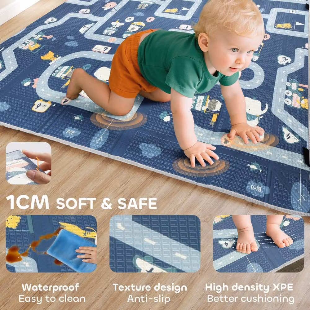 STILVORA Reversible Foldable Baby Play Mat with Playpen Sides, Blue and Multicolour, W: 180 cm, D: 200 cm – 3
