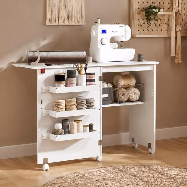 STILVORA Folding Sewing Table with Storage and Castors in White – 1