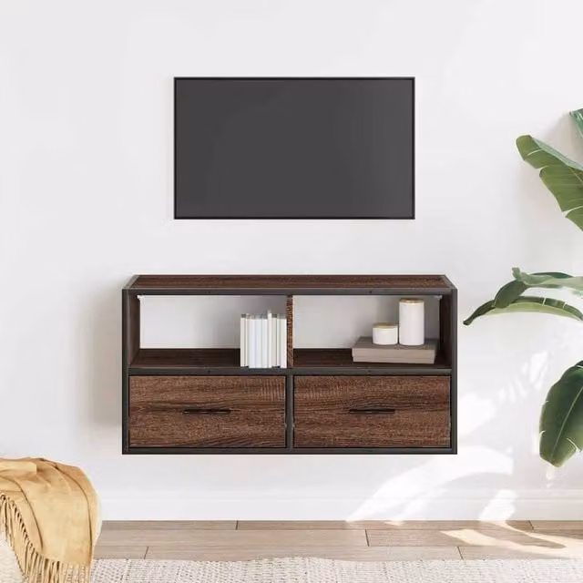 Berkfield Home Brown Oak TV Cabinet in Engineered Wood and Metal, W: 80 cm, D: 31 cm, H: 39.5 cm
