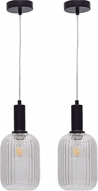 First Choice Lighting Batley Set of 2 Art Deco Pendant Fittings with Transparent Ribbed Glass and Black Metal Finish – 1