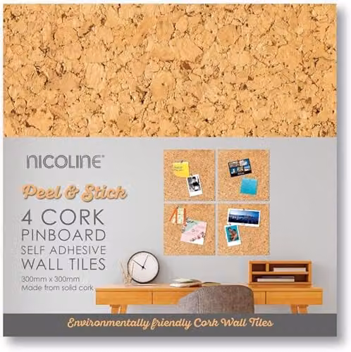 Nicoline Self Adhesive Cork Pin Board Tiles, 4 Pack, Brown, W/D/H: 30 x 30 x 0.48 cm – 2